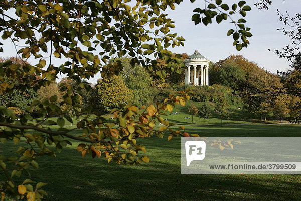 Muenchen  DEU  25.10.2004 - Der Monopteros im Englischen Garten in Muenchen. Der Rundtempel in griechischem Stil wurde 1836 von Leo von Klenze errichtet  auf einem aufgeschuetteten Huegel  der ab 1832 von Carl August Sckell aus Bauschutt der Muenchner Residenz errichtet wurde.