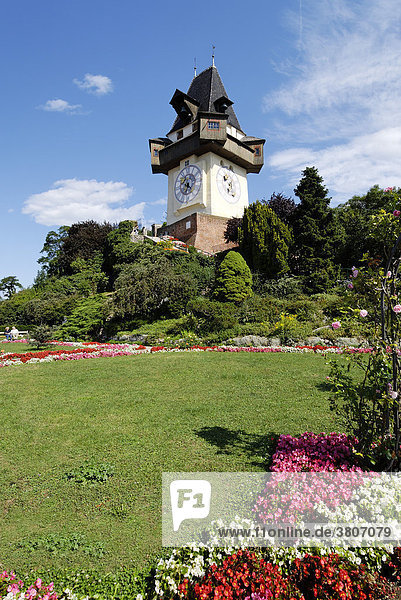 Clock tower on the Schlossberg castle hill Graz capital of Styria Austria