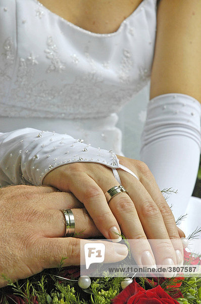 Wedding bands on the hands of a bridal couple