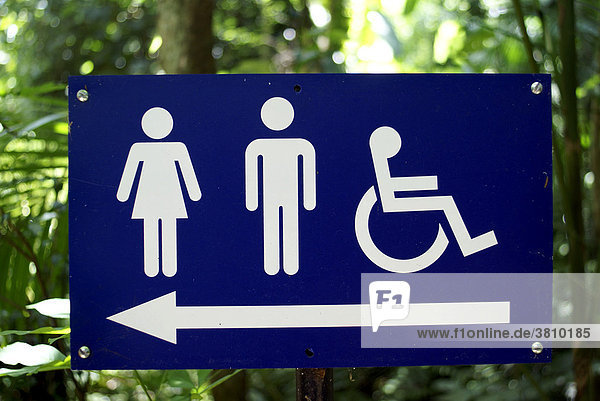Wegweiser zu den Toiletten. Symbole für behinderte Menschen (Rollstuhlfahrer)  Mann  Frau