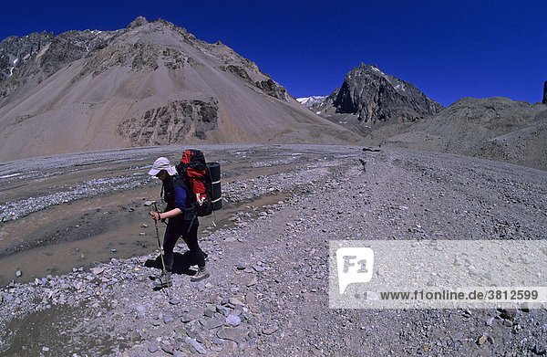 Female climber descending the Horcones valley Aconcagua Mendoza Argentina