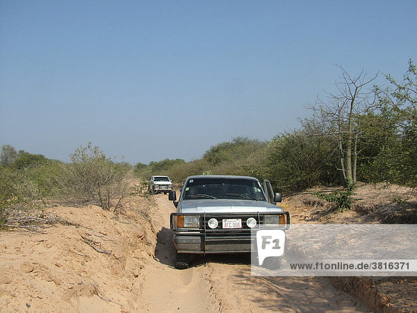 Driving though a unpaved syndy road in the West of the Gran Chaco at the border between Paraguay and Bolivia