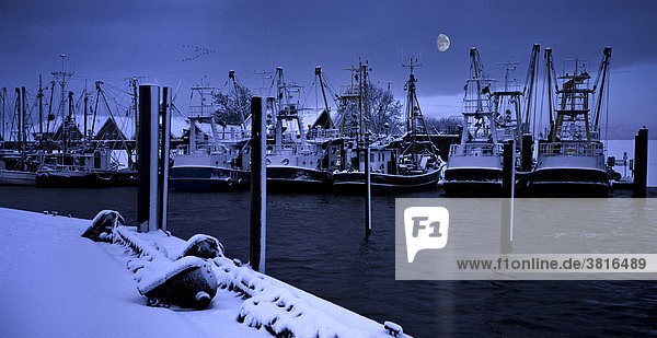 Fischerboote in einem Hafen  Winternacht mit Mond Ditzum  Ostfriesland  Deutschland