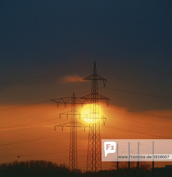 Electricity pylons at sunset  Baden-Wurttemberg  Germany