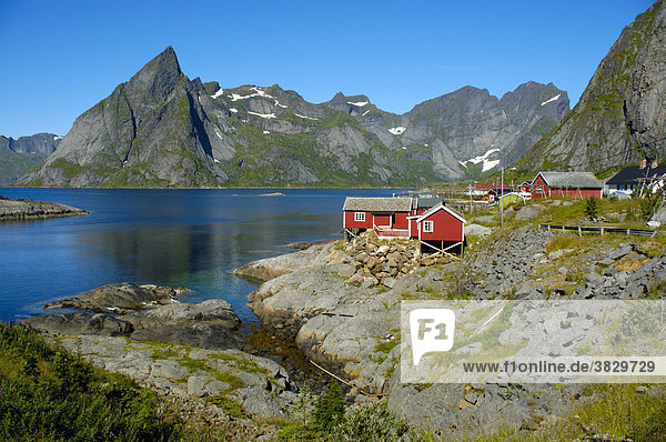 Rotes Holzhaus Berge und Fjord Hanmöya Moskenesöya Lofoten Norwegen Holzhaus