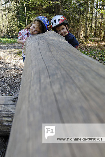 Grünwald bei München Oberbayern Deutschland Sauschütt mit Waldlehrpfad Kinder hören an einem Baumtelefon Akustik des Holzes