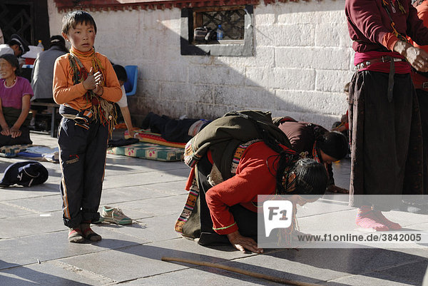 Tibetan pilgrims prostrating in front of Jokhang Temple  Lhasa  Tibet  China  Asia