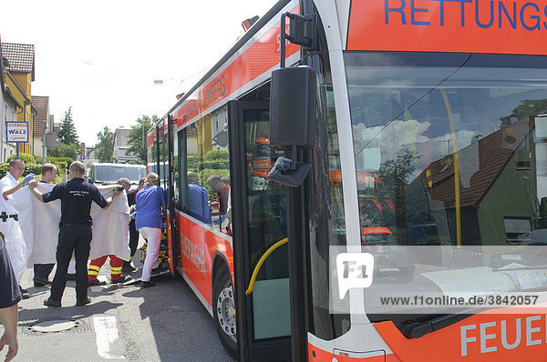 Transportof an overweight person weighing approximately 220kg to hospital after a medical emergency by ambulance bus  GRTW  Stuttgart Fire Department  Stuttgart  Baden-Wuerttemberg  Germany  Europe