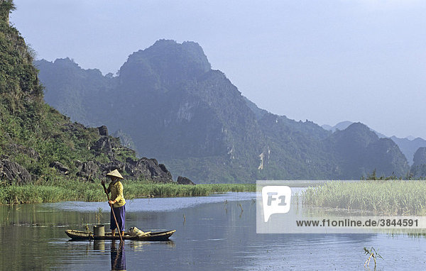 Frau beim Auslegen von Krabben-Reusen  Feuchtgebiet wird von der lokalen Bevölkerung ausgenutzt  Van Long Naturschutzgebiet  Vietnam  Südostasien  Asien