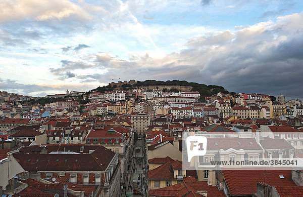 View from the top station of the lift Elevador de Santa Justa over the Baixa district on the castle hill with the castle Castelo de Sao Jorge  Lisbon  Portugal  Europe