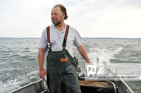 Chiemsee-Fischer Thomas Lex auf seinem Fischerboot nahe der Fraueninsel  Chiemsee  Chiemgau  Bayern  Deutschland  Europa