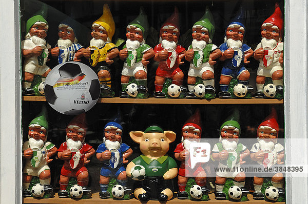Garden gnomes in football clothing in a lottery shop Goettingen Lower Saxony Germany Europe