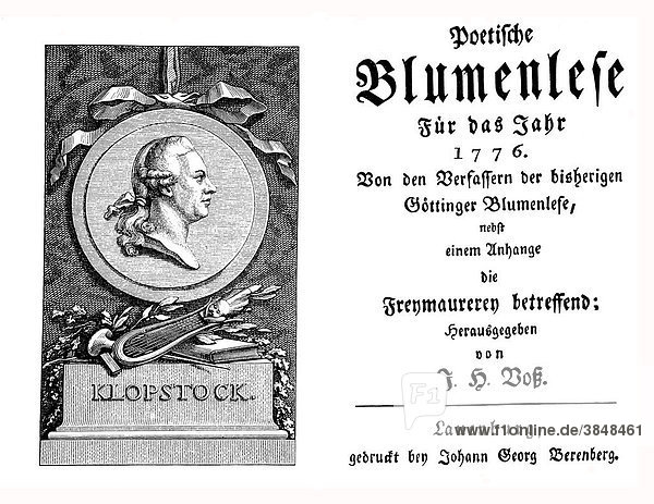 Titel und Titelkupfer des Voßischen Musenalmanachs für 1776  historische Abbildung aus Deutsche Literaturgeschichte von 1885
