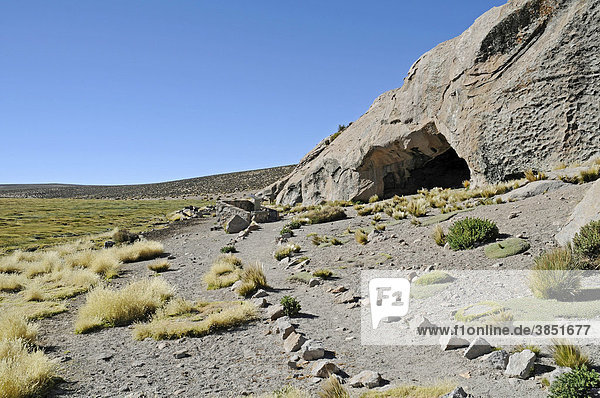 Rundweg  Vegetation  Berglandschaft  Las Cuevas  Höhlen  Conaf Station  Lauca Nationalpark  Altiplano  Norte Grande  Nordchile  Chile  Südamerika