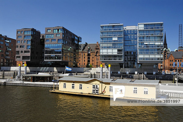 Traditional ship port with a houseboat  HafenCity  Hamburg  Germany  Europe