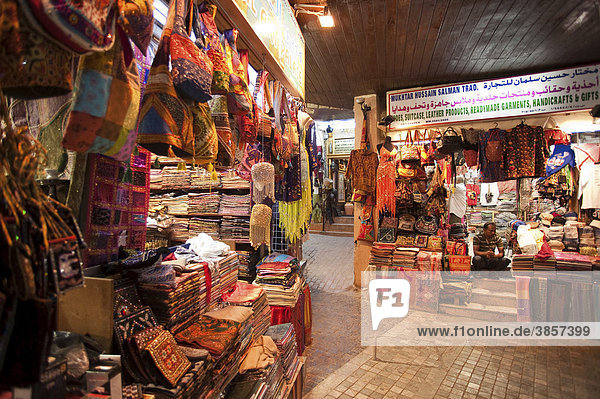 Textile and leather shop in the Souq of Mutrah  Oman  Middle East