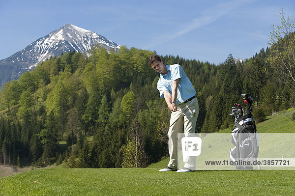 Golf player chipping on alpine golf course  Achenkirch  Tyrol  Austria  Europe