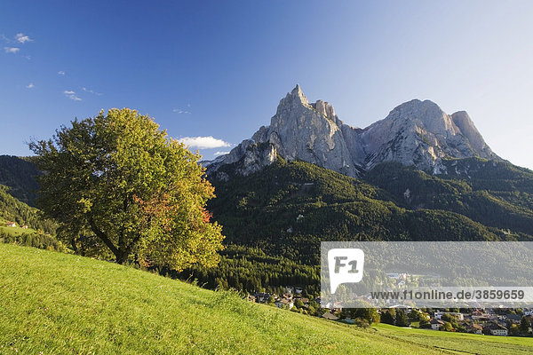 Aussicht auf Seis  Schlern und der Santnerspitze  Dolomiten  Trentino-Südtirol  Italien  Europa