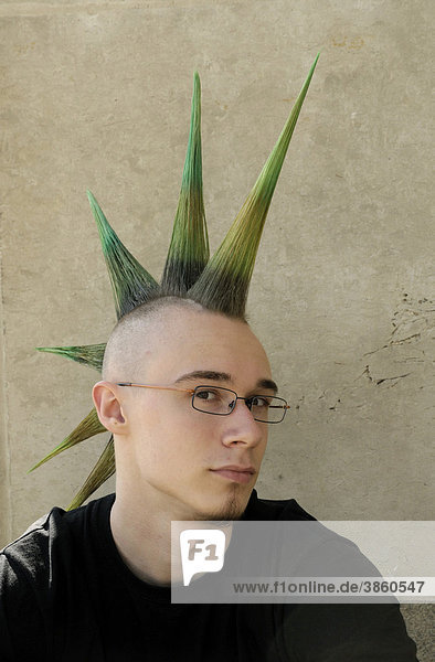 Young man with a punk hairstyle, mohawk, mohican, Wave Gothic Treffen music  festival, Leipzig, Saxony, Germany, Europe