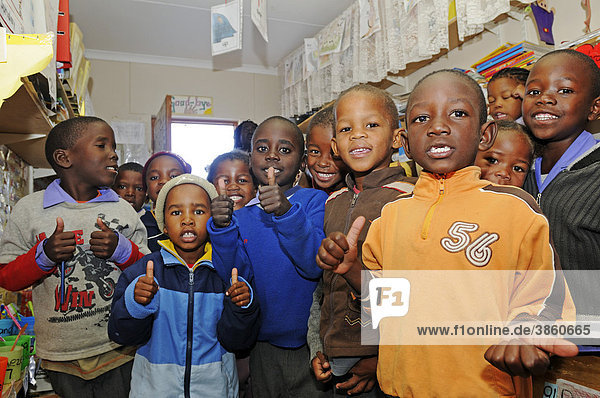 Black students in the classroom in their school in the Mondesa township  Swakopmund town  Namibia  Africa