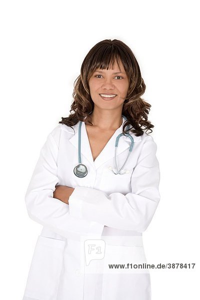Female African American doctor or nurse with a stethoscope on white background