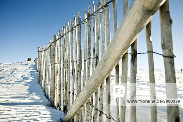 Holzzaun im schneebedeckten Feld