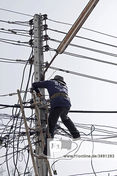 Elektriker auf einem Strommast in Chiang Mai  Thailand  Asien