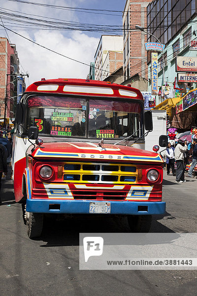 Vintage red Dodge bus in La Paz  Bolivia  South America