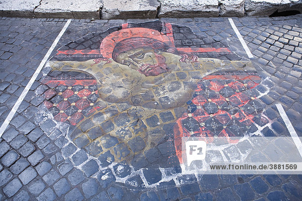 Italien Rom Wandgemälde von Jesus Christus gemalt auf Kopfsteinpflasterstraße