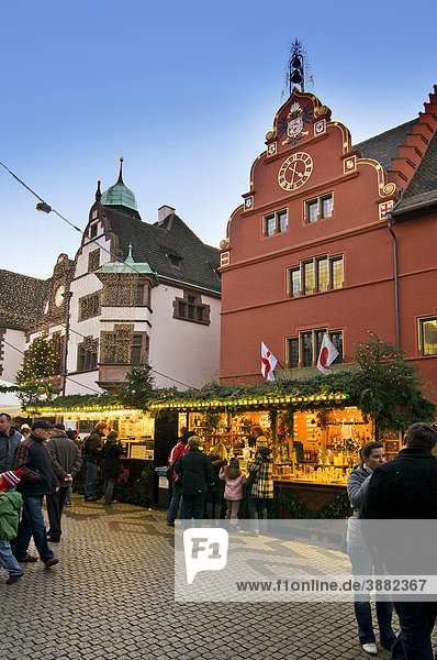Christmas market with the town hall in Freiburg im Breisgau  Baden-Wuerttemberg  Germany  Europe