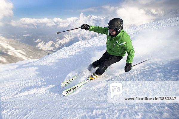 Man skiing on a slope  Kreuzeck range  Garmisch-Partenkirchen  Bavaria  Germany  Europe