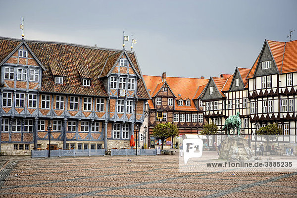 Market square with City Hall and memorial to Duke Augustus the Younger  Wolfenbuettel  Lower Saxony  Germany  Europe
