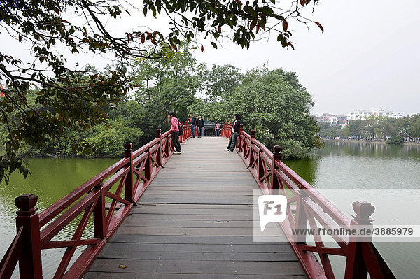 Huc Bridge to Ngoc Son Temple  Jade Mountain Temple  Hoan Kiem Lake  Hanoi  North Vietnam  Vietnam  Southeast Asia  Asia