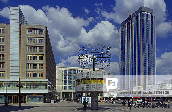 Alexanderplatz square with world clock  Park Inn Hotel  Galleria Kaufhof departement store  Mitte district  Germany  Europe