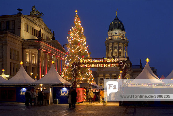 The Magic of Christmas  Christmas market on the Gendarmenmarkt square  Schauspielhaus concert hall  Franzoesischer Dom cathedral  Mitte district  Berlin  Germany  Europe