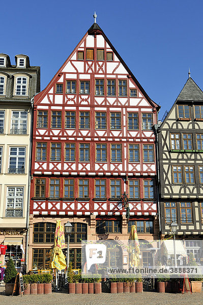Rekonstruiertes Fachwerkhaus von der Ostzeile vom Römerberg oder Samstagsberg  Frankfurt am Main  Hessen  Deutschland  Europa