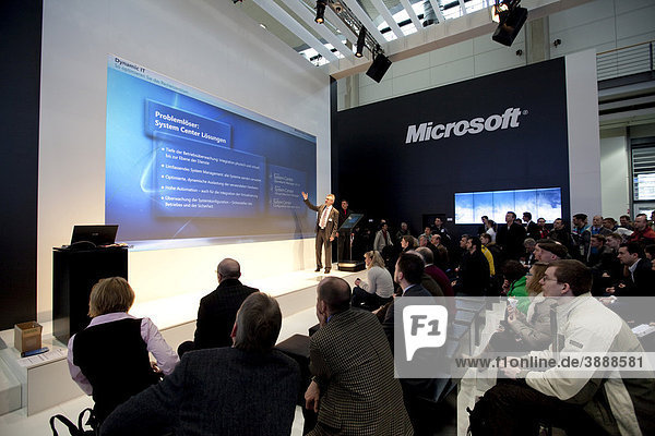 Presentation at the Microsoft booth  Internationale Computermesse CEBIT international computer fair  Hannover  Lower Saxony  Germany  Europe