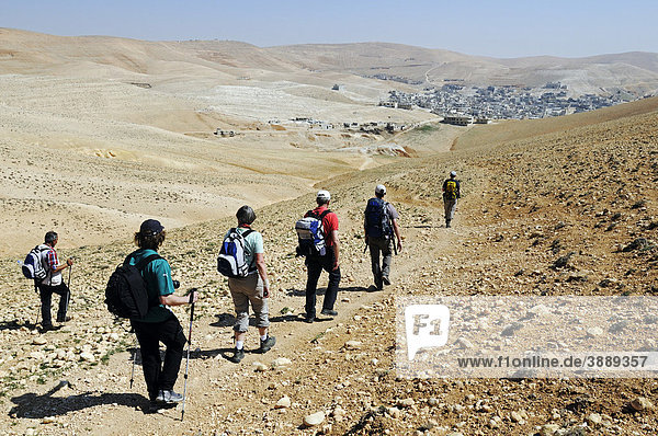 Hikers in the desert outside the village Djabadin near Maalula  Syria  Middle East  Asia