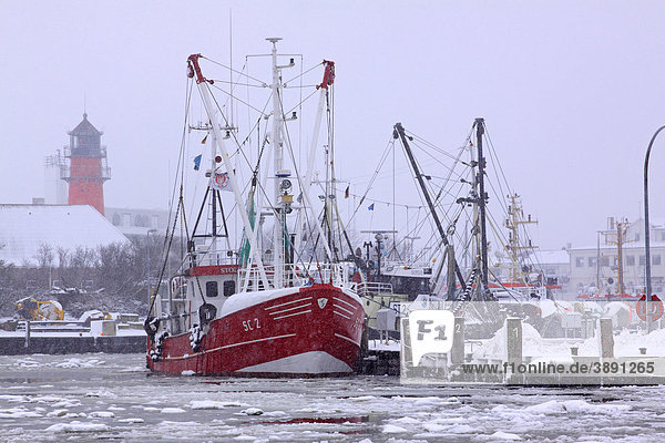Fischereischiffe im zugefrorenen Hafen von Büsum an der Nordseeküste im Winter mit Leuchtturm dahinter  Kreis Dithmarschen  Schleswig-Holstein  Deutschland  Europa