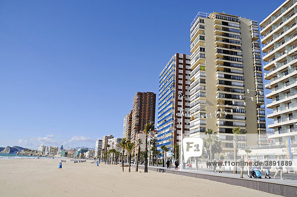 Promenade  skyscrapers  Playa de Levante  Levante beach  Benidorm  Costa Blanca  Alicante province  Spain  Europe