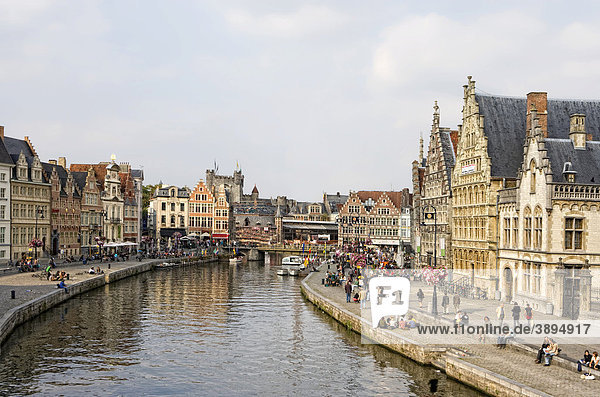 Promenade with ancient guild houses along the Lys or Leie  Graslei  Ghent  Flanders  Belgium  Europe