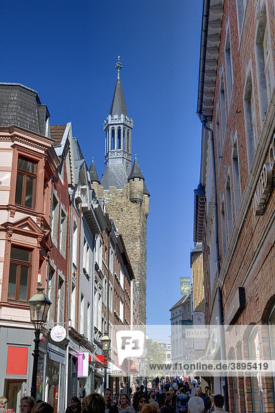 Kraemerstrasse pedestrian zone  on the left the town hall tower  Aachen  North Rhine-Westphalia  Germany  Europe