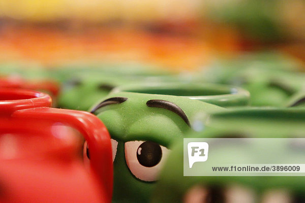 Mugs in different colors in the M & M store on Las Vegas Boulevard in Las Vegas  Nevada  USA