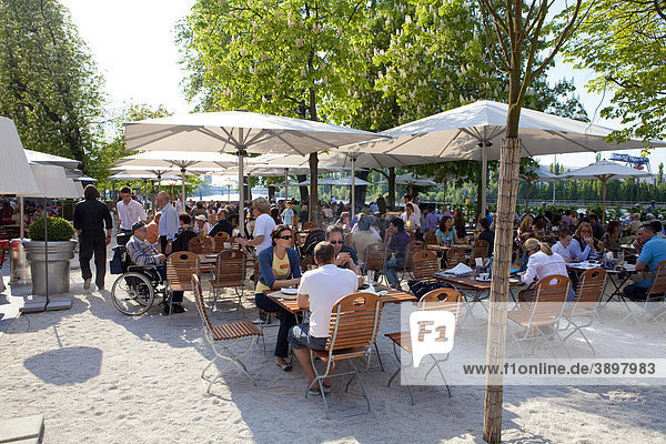 Outdoor restaurant on Main river  cider  Gerbermuehle  Frankfurt  Hesse  Germany  Europe