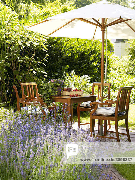 Romantischer Gartentisch mit Lavendel-Sträuchern in stimmungsvollem Licht