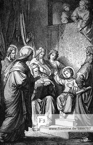 Der zwölfjährige Jesus im Tempel historischer Stahlstich aus dem Jahre 1860