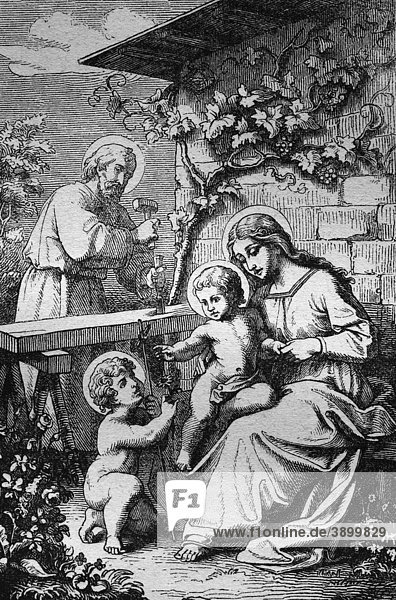 Die heilige Familie historischer Stahlstich aus dem Jahre 1860