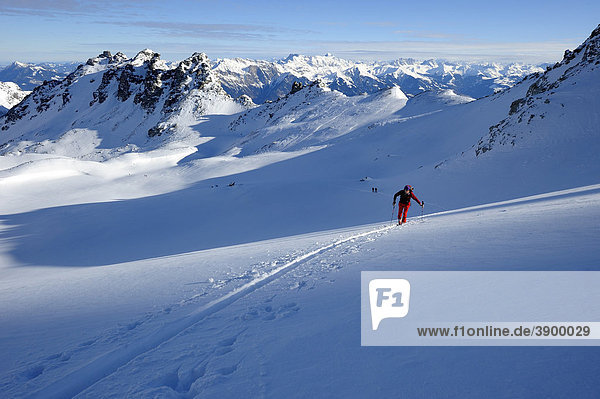 Skitourengeher in Skispur vor Gipfelpanorama  Chur  Graubünden  Schweiz  Europa