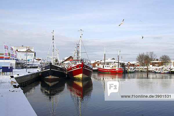 Fischkutter im Hafen von Heiligenhafen an der Ostseeküste im Winter  Kreis Ostholstein  Schleswig-Holstein  Ostsee  Deutschland  Europa
