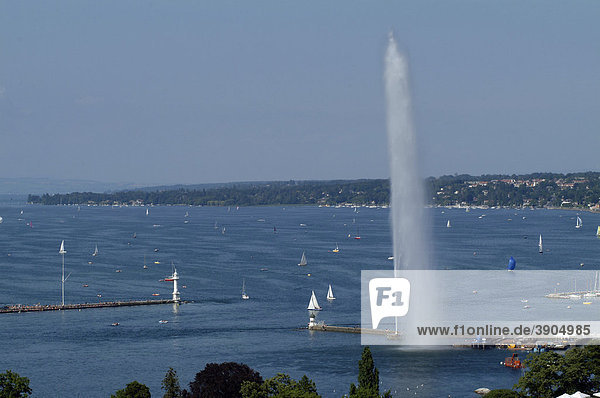 View of the Lake Geneva with Jet d'Eau from the tower of St Pierre Cathedral  Geneva  Switzerland  Europe